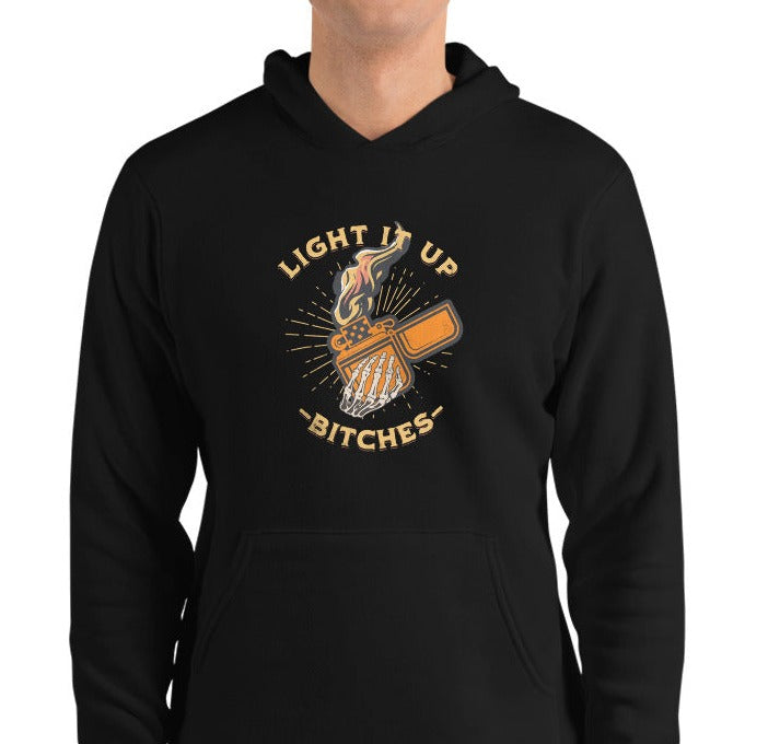 Light It Up Bitches Hoodie – Skeleton Hand with Lighter Graphic | Bold & Edgy Streetwear